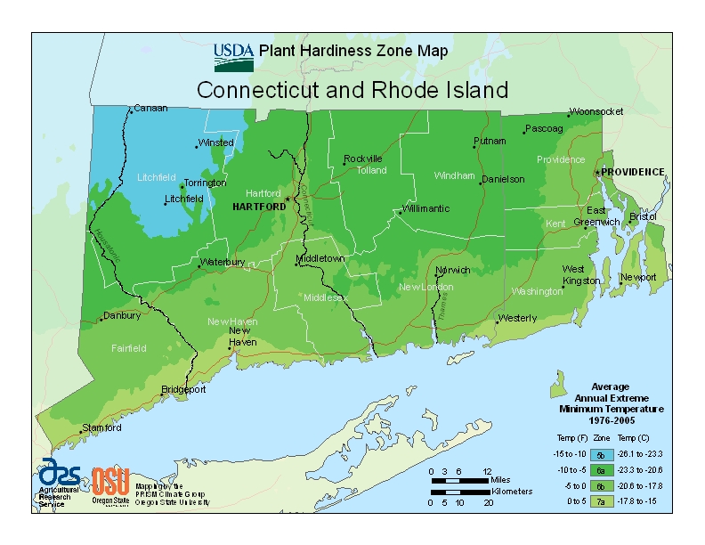 Map of Hardiness Zones in Connecticut